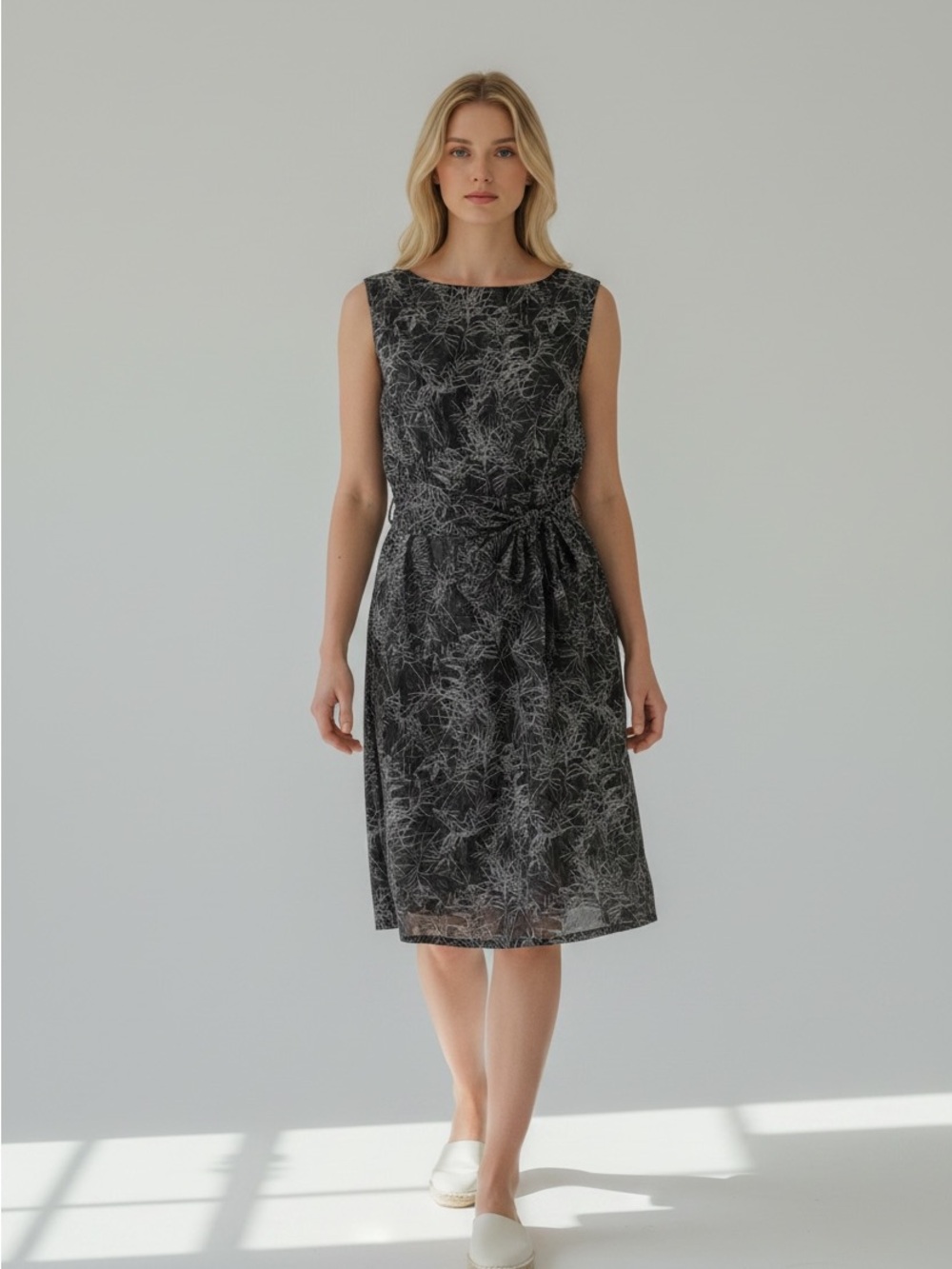 NEW Anthropologie Eva Franco Gray & Black Sleeveless Printed Belted Dress Size 8